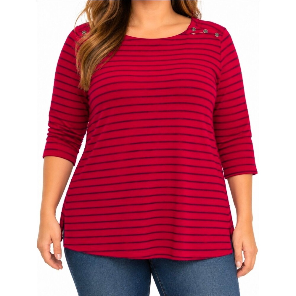 Croft & Barrow Red and Black Striped Scoop-Neck Top Blouse Size XXL